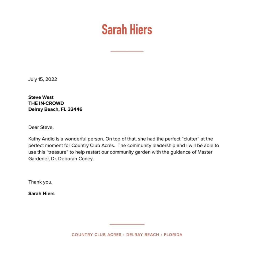 Thank You Letter from Sara Hiers of Country Club Acres Love Your Neighbor project
