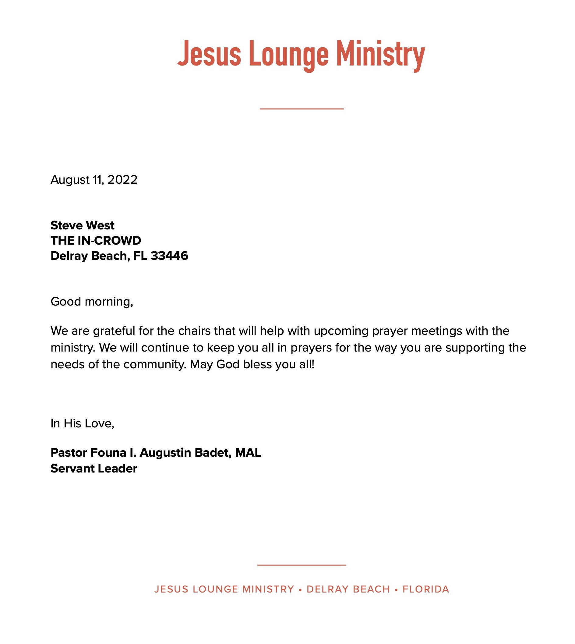 Thank You for Donations to Jesus Lounge Ministry